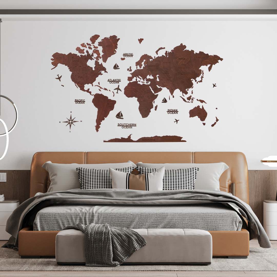 2D Wooden World Map Brown
