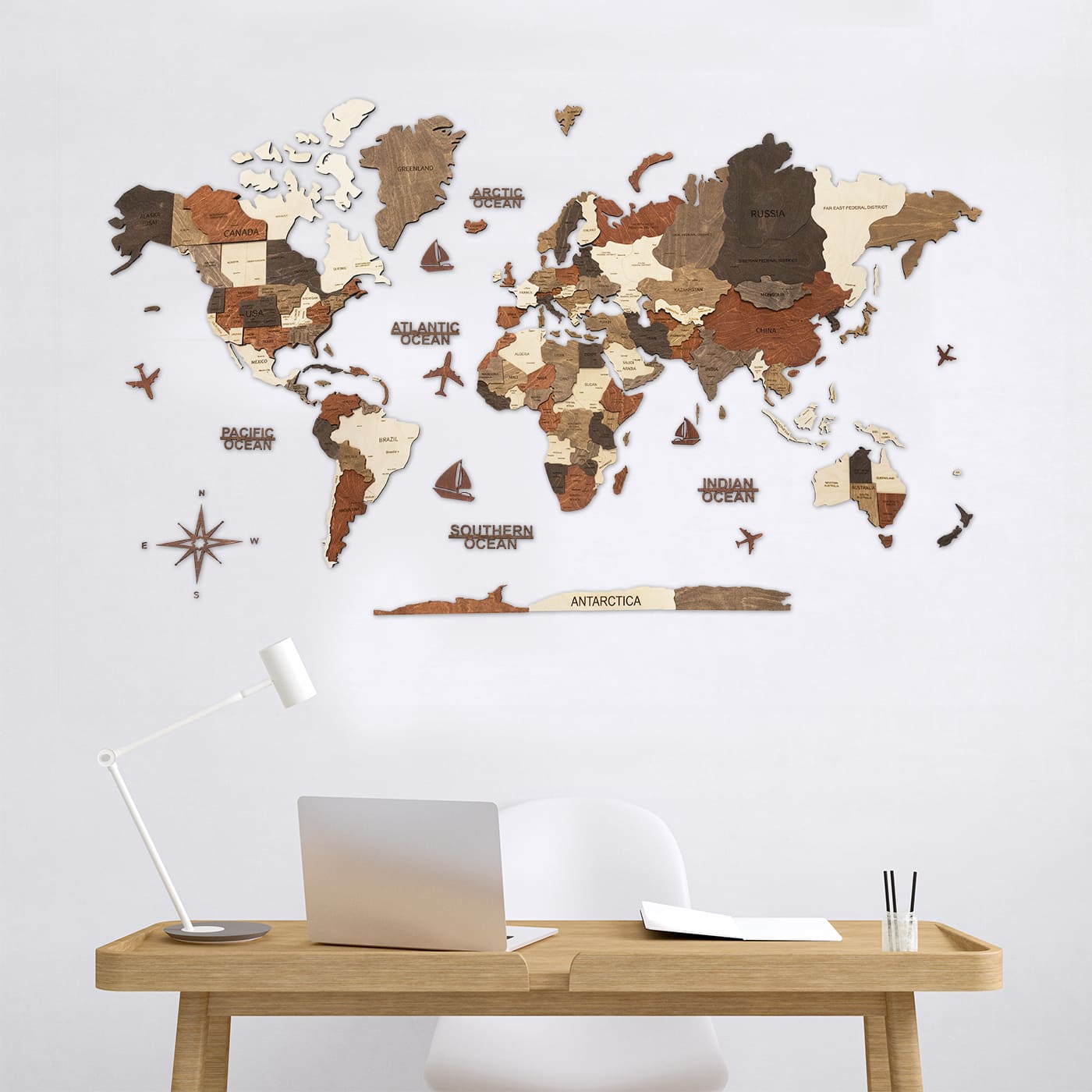 3D Wooden World Map Sienna